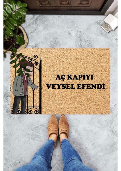 Dijital Baskılı Aç Kapıyı Veysel Efendi Dekoratif Kapı Önü Paspası