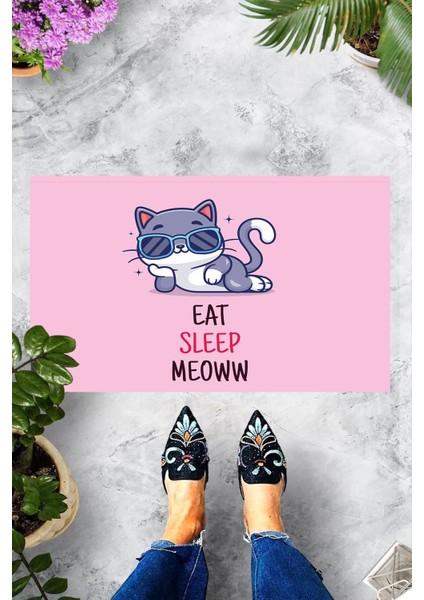 Dijital Baskılı Eat Sleep Meow Yazılı Kedi Desenli Dekoratif Kapı Önü Paspası