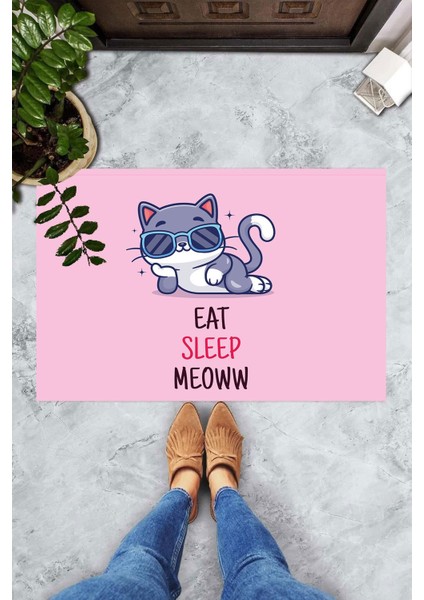 Dijital Baskılı Eat Sleep Meow Yazılı Kedi Desenli Dekoratif Kapı Önü Paspası