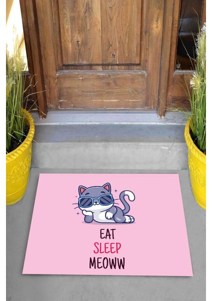 Dijital Baskılı Eat Sleep Meow Yazılı Kedi Desenli Dekoratif Kapı Önü Paspası
