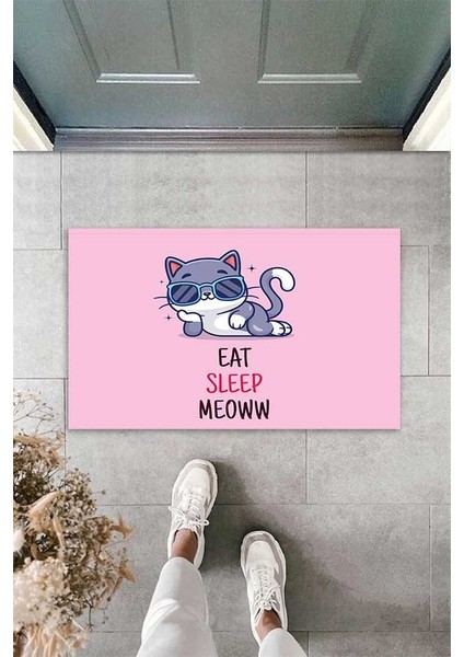 Dijital Baskılı Eat Sleep Meow Yazılı Kedi Desenli Dekoratif Kapı Önü Paspası