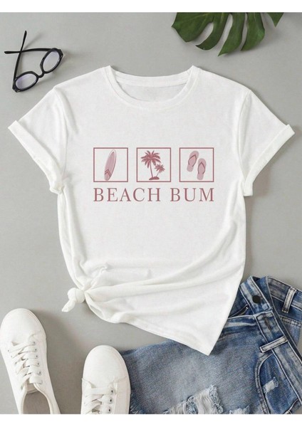 Beach Bum Baskılı Oversize Salaş Kadın T-Shirt