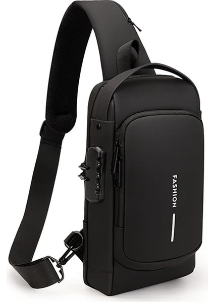 Siyah USB Portu ile Anti-Hırsızlık Bant Çantası USB Şarj Portu ile Taşınabilir Sırt Çantası Erkek Pu Omuz Doğa Sporları Crossbody Çanta Erkekler Moda Göğüs Çantası (Yurt Dışından)
