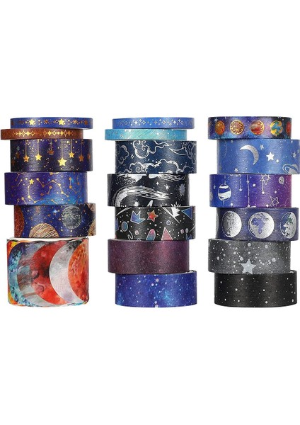 Washi Bant Seti-19 Rulo Altın Varak Galaksi Dekoratif Maskeleme Bandı, Ay, Yıldız, Göksel, Takımyıldız (Yurt Dışından)