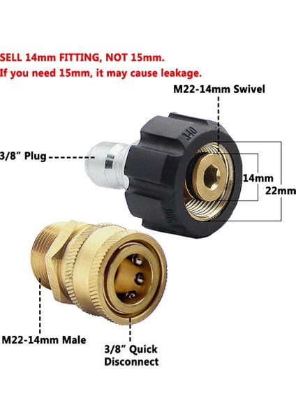 Basınçlı Yıkama Hızlı Bağlantı Adaptör Kiti M22 14MM x 3/8 Inç Hızlı Bağlantı Fişi 5000PSI Yüksek Basınçlı Pirinç Bağlantı Parçası (Yurt Dışından)