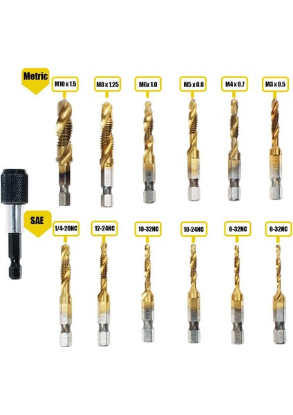 Titanyum Kombinasyonu Matkap Dokunun Ucu Seti 13 Adet Sae ve Metrik Kılavuz Uçları Kiti Vida Dişi Delme Dokunarak Çapak Alma (Yurt Dışından)