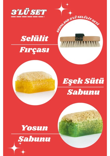 Doğal At Kılı Fırçası I Kabak Lifli Eşek Sütü & Yosun Sabunu I 3'lü Set