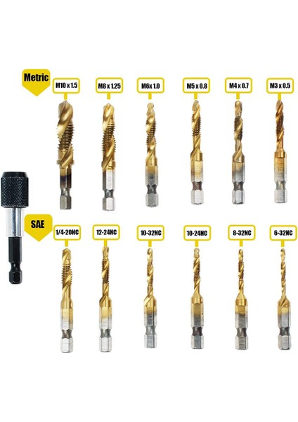 Titanyum Kombinasyonu Matkap Dokunun Ucu Seti 13 Adet Sae ve Metrik Kılavuz Uçları Kiti Vida Dişi Delme Dokunarak Çapak Alma (Yurt Dışından) modelleri