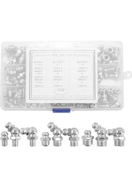 115 Adet Çelik Zerk Gresörlük Bağlantı Parçaları Çeşitler Kiti, Düz, 90 Derece, 45 Derece Açılı (M6, M8, M10) (Yurt Dışından) indirimleri