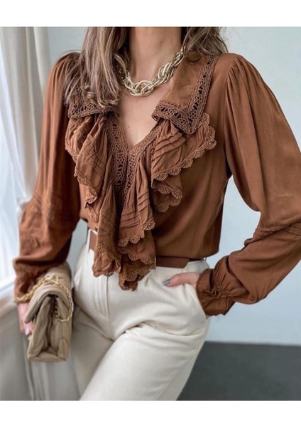 Kadın Acı Kahve Fırfırlı Bohem Güpür Ve Dantel Detaylı Volanlı Tasarım Pamuklu Bluz fiyatları