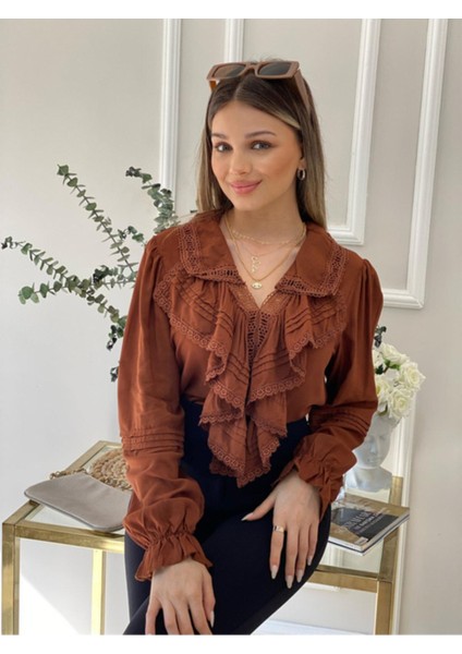 Kadın Acı Kahve Fırfırlı Bohem Güpür Ve Dantel Detaylı Volanlı Tasarım Pamuklu Bluz modelleri