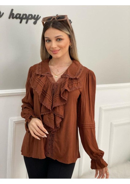 Kadın Acı Kahve Fırfırlı Bohem Güpür Ve Dantel Detaylı Volanlı Tasarım Pamuklu Bluz indirimleri