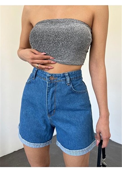 Fav Style Kadın Yüksek Bel Mom Kalıp Denim Şort