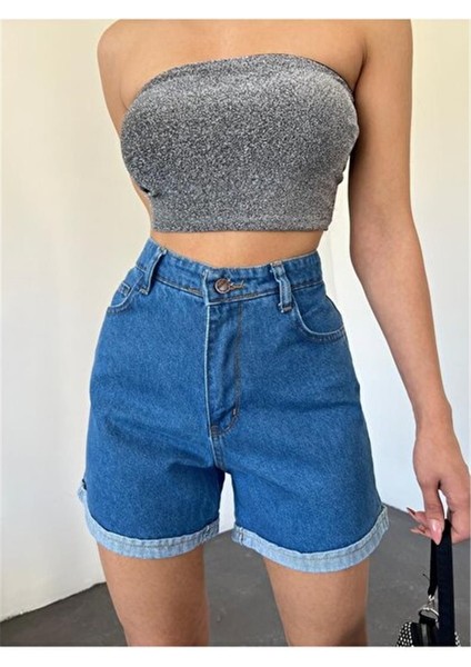 Fav Style Kadın Yüksek Bel Mom Kalıp Denim Şort