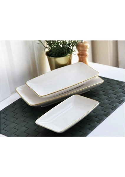 Dikdörtgen Seramik 3 Lü Kayık Tabağı Beyaz Gold 3 Modern Kayık Tabak Porselen