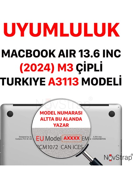 Novstrap Apple Macbook Air M3 Çip 13.6 Inç A3113 ile Uyumlu Parlak Kılıf + Siyah Klavye Kılıfı +Film