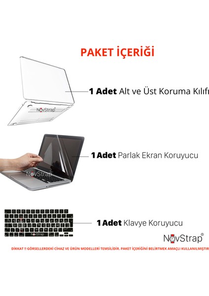 Novstrap Apple Macbook Air M3 Çip 13.6 Inç A3113 ile Uyumlu Parlak Kılıf + Siyah Klavye Kılıfı +Film