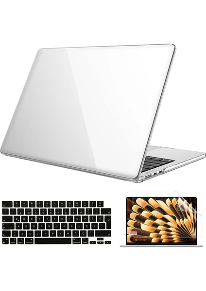 Novstrap Apple Macbook Air M3 Çip 13.6 Inç A3113 ile Uyumlu Parlak Kılıf + Siyah Klavye Kılıfı +Film