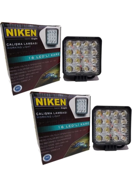 16 LED Kare Kalın Kasalı Off Road Sis Farı Çalışma Lambası 12-24V 2 Adet
