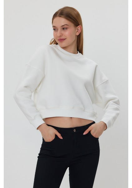 Beyaz Crop Sweatshirt, Crop Sweatshirt, Kadın Sweatshirt, Bisiklet Yaka Sweatshirt
