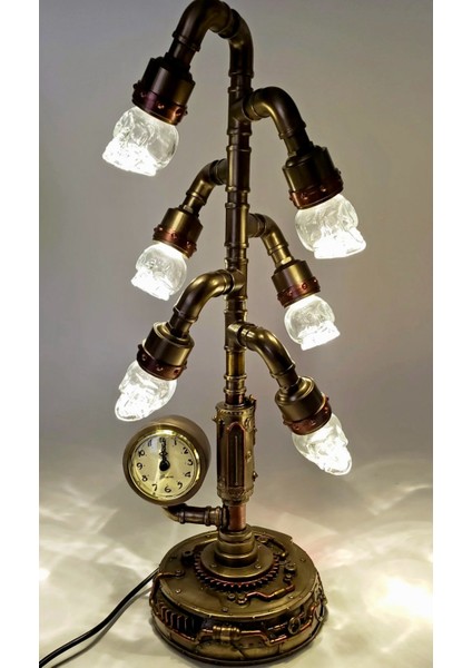 Steampunk Serisi Boru Sistemli, Saatli, Kristal 6lı Kafatası LED Gece Lambası fiyatları