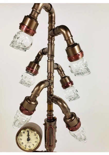 Steampunk Serisi Boru Sistemli, Saatli, Kristal 6lı Kafatası LED Gece Lambası modelleri