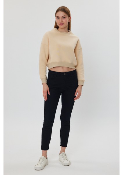 Bej Crop Sweatshirt, Crop Sweatshirt, Kadın Sweatshirt, Bisiklet Yaka Sweatshirt