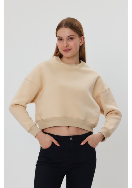 Bej Crop Sweatshirt, Crop Sweatshirt, Kadın Sweatshirt, Bisiklet Yaka Sweatshirt