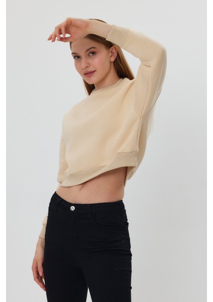 Bej Crop Sweatshirt, Crop Sweatshirt, Kadın Sweatshirt, Bisiklet Yaka Sweatshirt