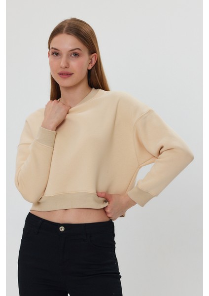 Bej Crop Sweatshirt, Crop Sweatshirt, Kadın Sweatshirt, Bisiklet Yaka Sweatshirt