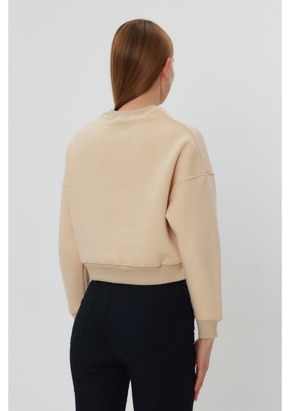 Bej Crop Sweatshirt, Crop Sweatshirt, Kadın Sweatshirt, Bisiklet Yaka Sweatshirt