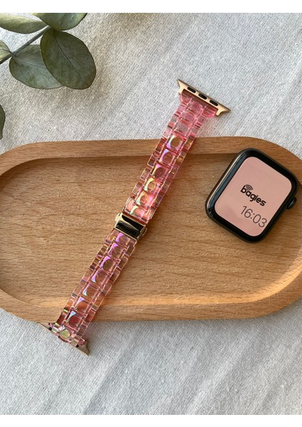 Apple Watch Için Şeffaf Pembe Hologram Baklalı Ince Kesim Kordon 38/40/41 mm Uyumlu