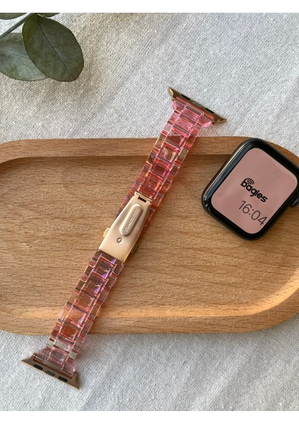 Apple Watch Için Şeffaf Pembe Hologram Baklalı Ince Kesim Kordon 38/40/41 mm Uyumlu