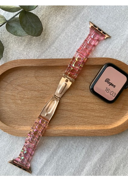 Apple Watch Için Şeffaf Pembe Hologram Baklalı Ince Kesim Kordon 38/40/41 mm Uyumlu