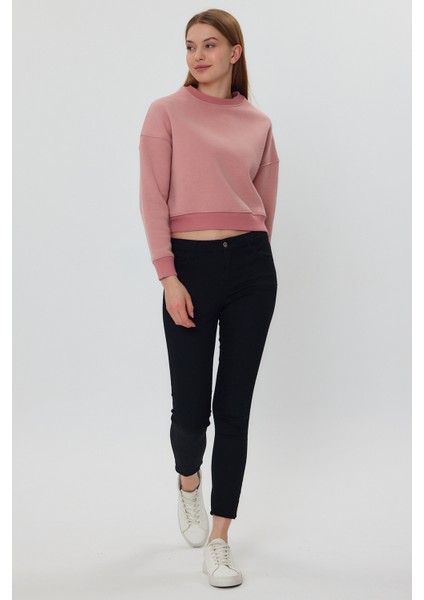 Pudra Crop Sweatshirt, Crop Sweatshirt, Kadın Sweatshirt, Bisiklet Yaka Sweatshirt