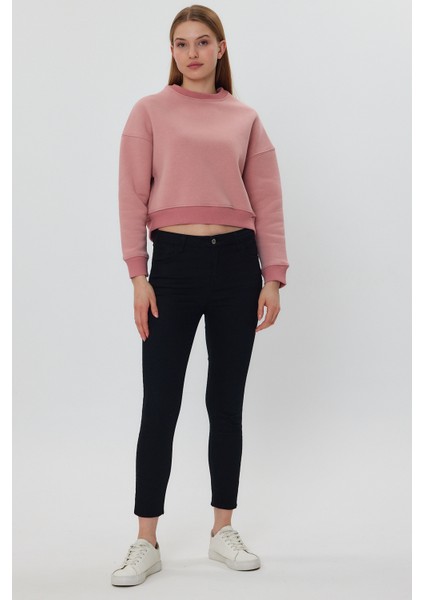 Pudra Crop Sweatshirt, Crop Sweatshirt, Kadın Sweatshirt, Bisiklet Yaka Sweatshirt