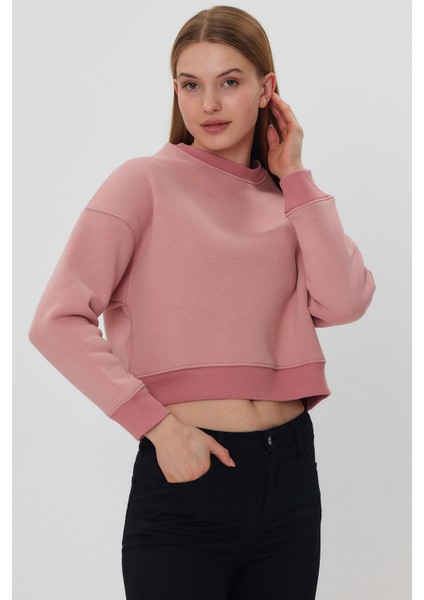 Pudra Crop Sweatshirt, Crop Sweatshirt, Kadın Sweatshirt, Bisiklet Yaka Sweatshirt