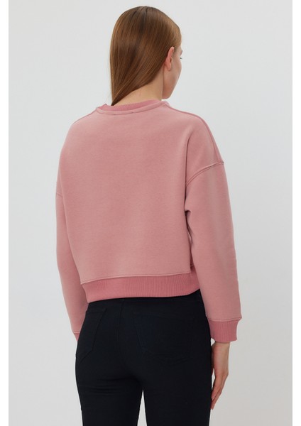 Pudra Crop Sweatshirt, Crop Sweatshirt, Kadın Sweatshirt, Bisiklet Yaka Sweatshirt