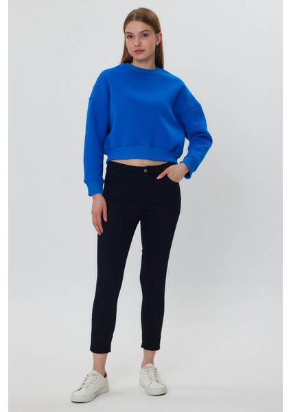 Mavi Crop Sweatshirt, Crop Sweatshirt, Kadın Sweatshirt, Bisiklet Yaka Sweatshirt