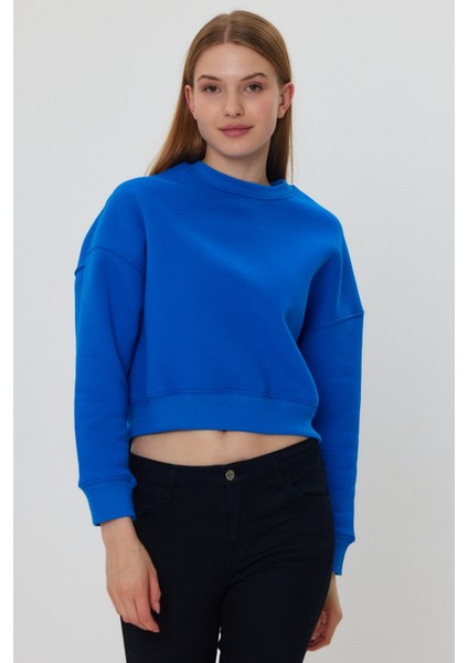 Mavi Crop Sweatshirt, Crop Sweatshirt, Kadın Sweatshirt, Bisiklet Yaka Sweatshirt modelleri