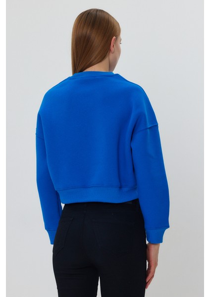 Mavi Crop Sweatshirt, Crop Sweatshirt, Kadın Sweatshirt, Bisiklet Yaka Sweatshirt fırsatları