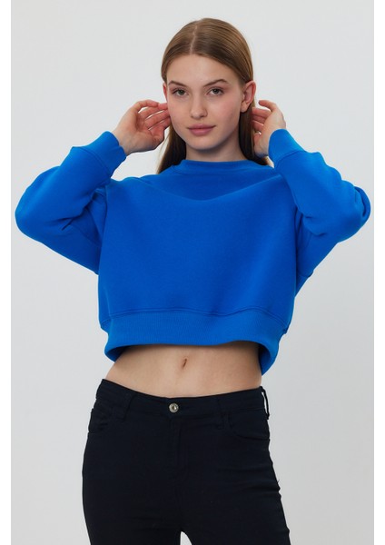 Mavi Crop Sweatshirt, Crop Sweatshirt, Kadın Sweatshirt, Bisiklet Yaka Sweatshirt indirimleri
