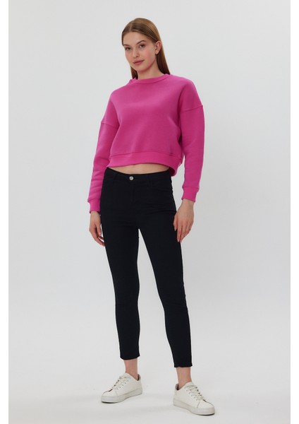 Pembe Crop Sweatshirt, Crop Sweatshirt, Kadın Sweatshirt, Bisiklet Yaka Sweatshirt