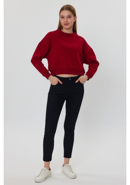 Bordo Crop Sweatshirt, Crop Sweatshirt, Kadın Sweatshirt, Bisiklet Yaka Sweatshirt