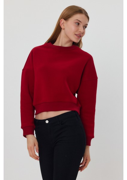 Bordo Crop Sweatshirt, Crop Sweatshirt, Kadın Sweatshirt, Bisiklet Yaka Sweatshirt fiyatları