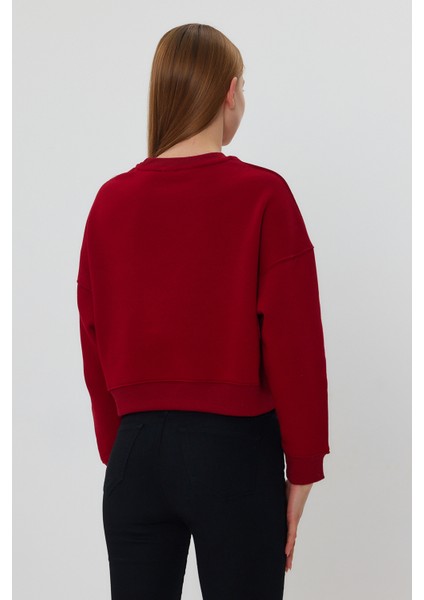 Bordo Crop Sweatshirt, Crop Sweatshirt, Kadın Sweatshirt, Bisiklet Yaka Sweatshirt modelleri