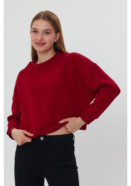 Bordo Crop Sweatshirt, Crop Sweatshirt, Kadın Sweatshirt, Bisiklet Yaka Sweatshirt indirimleri