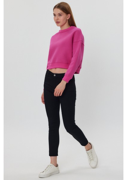 Pembe Crop Sweatshirt, Crop Sweatshirt, Kadın Sweatshirt, Bisiklet Yaka Sweatshirt