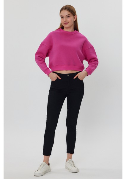 Pembe Crop Sweatshirt, Crop Sweatshirt, Kadın Sweatshirt, Bisiklet Yaka Sweatshirt