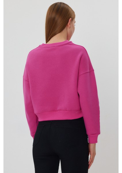 Pembe Crop Sweatshirt, Crop Sweatshirt, Kadın Sweatshirt, Bisiklet Yaka Sweatshirt